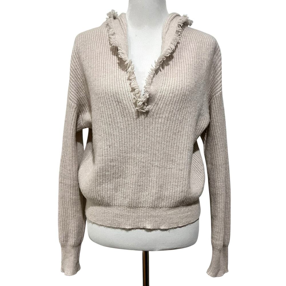 The Cashmere Project Sweater Hoodie with Fringe Trim V-Neck Beige Cream Sz S - Picture 2 of 10